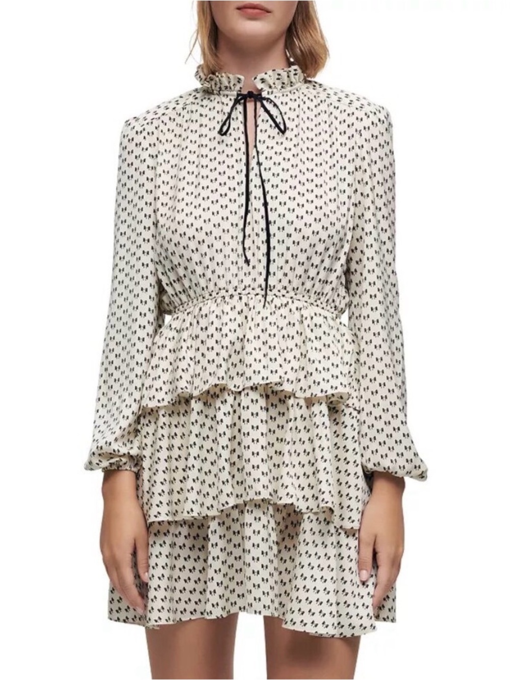 Maje Cream Mini Dress with Black Bow Print and Necktie